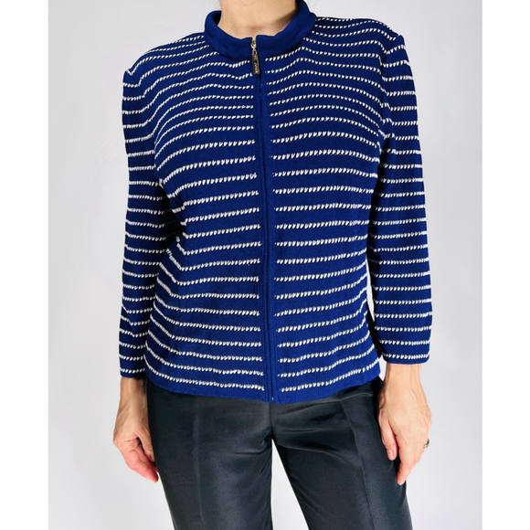 ST. JOHN Womans Sweater Cardigan Zip Front Wool Blend Striped M Blue White - Picture 1 of 12